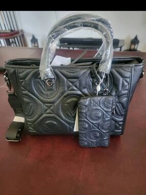 NWT Valentino Orlandi Black Quilted Tote with Matching Pouch Factory Packaging